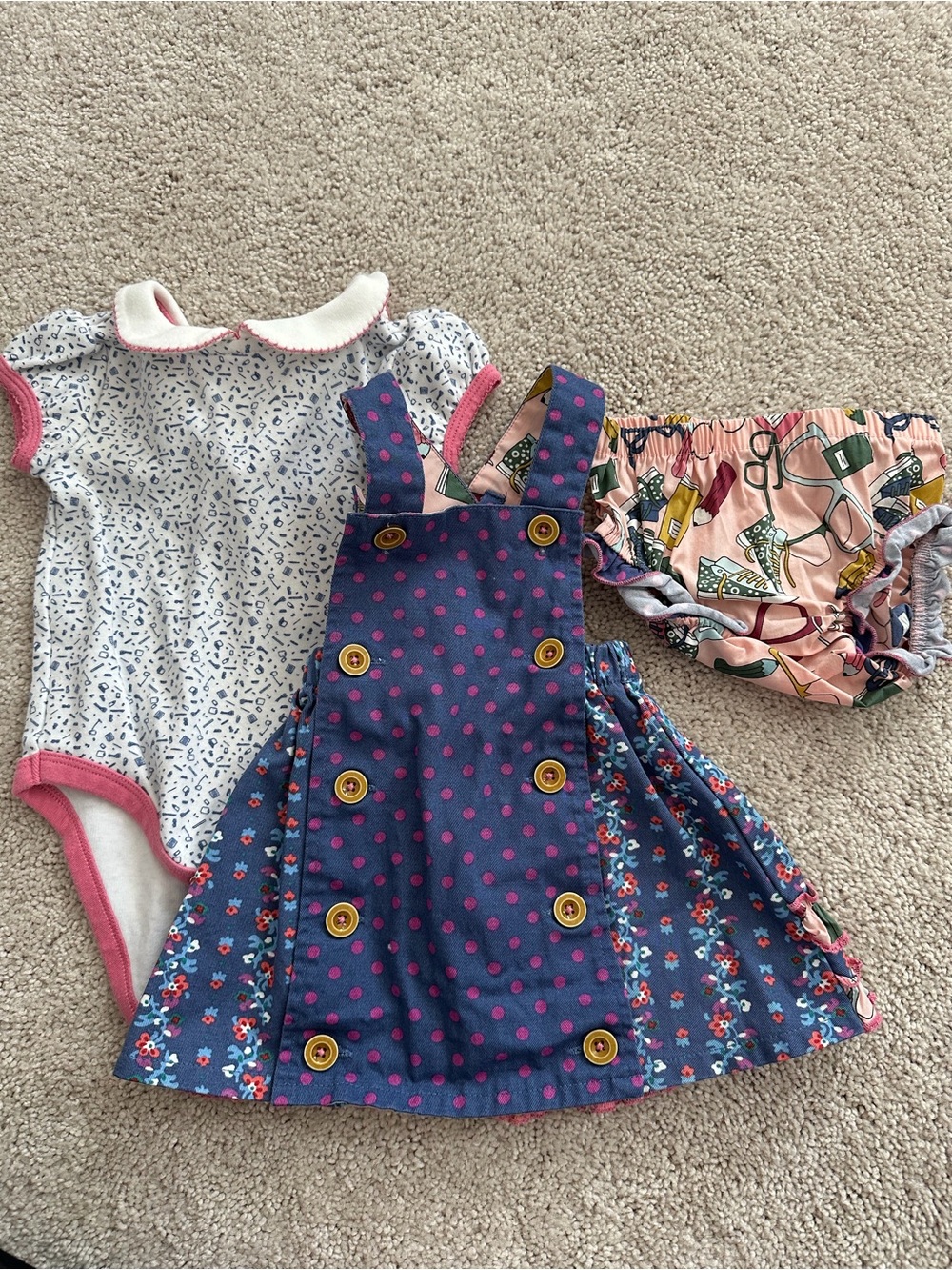 Matilda Jane Navy Blue and Pink Polka Dot Pinafore Dress with Floral Skirt